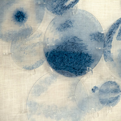 Abstract Blue Stained Glass Wall Art by Zentique in blue, natural linen. Made from pine wood, linen, glass in a modern style.