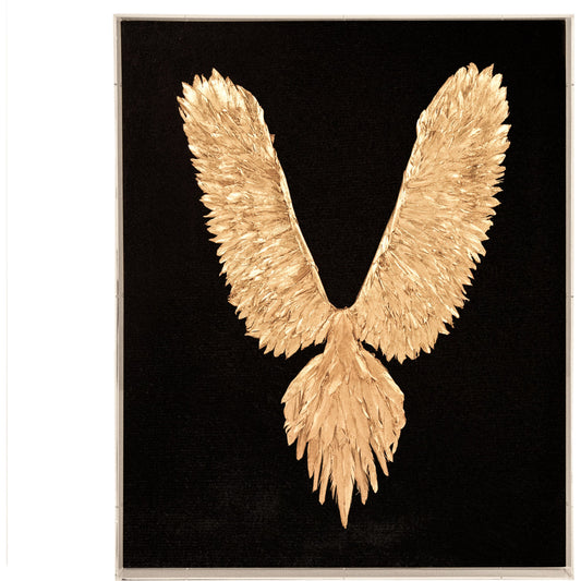 Abstract Gold Leaf Feather Bird Wall Art by Zentique in gold, black. Made from feathers, linen, acrylic in a transitional style.