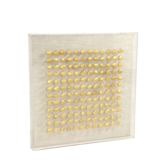 Gold Stone Acrylic Framed Wall Art by Zentique in gold stones, natural linen and stones, linen, acrylic. Made from stones, linen, acrylic in a modern style.