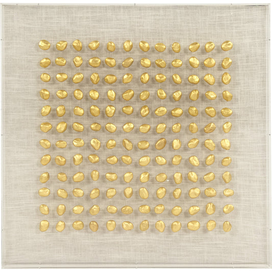 Gold Stone Acrylic Framed Wall Art by Zentique in gold stones, natural linen and stones, linen, acrylic. Made from stones, linen, acrylic in a modern style.