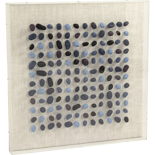 Blue Stone Acrylic Framed Wall Art by Zentique in blue stones, natural linen and stones, linen, acrylic. Made from stones, linen, acrylic in a coastal style.