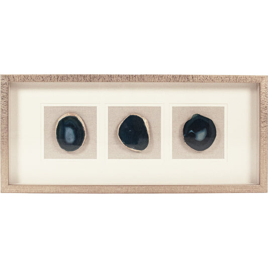 Three Blue Geode Wall Art by Zentique in natural and blue geode, linen, wood, mdf. Made from blue geode, linen, wood, mdf in a coastal style.