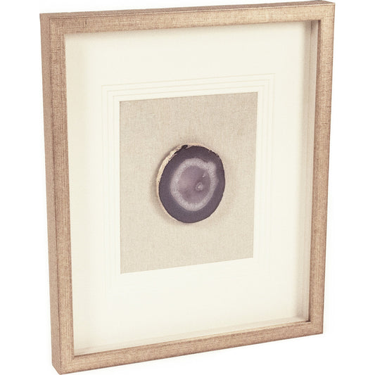 Purple Geode Acrylic Wall Art by Zentique in purple, white, natural linen, distressed gold and wood, paper, linen, geode. Made from wood, paper, linen, geode in a coastal style.