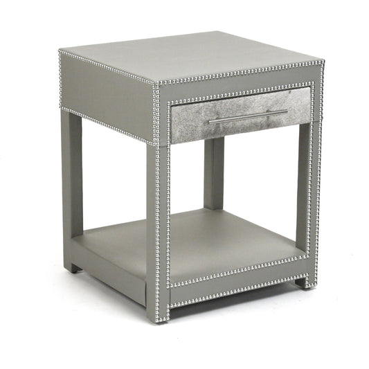 Austria Nightstand by Zentique in gray vinyl, gray cowhide and wood. Made from wood in a transitional style.
