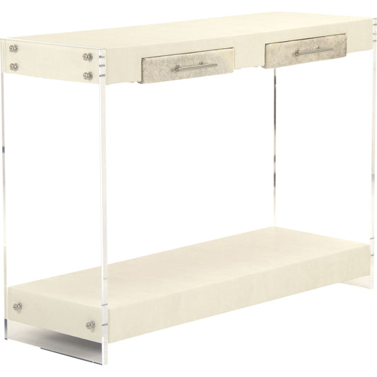 Parker Acrylic Console by Zentique in white vinyl, gray cowhide and acrylic. Made from unique in a modern style.