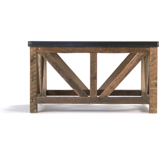 Eloise Coffee Table by Zentique in copper, brown and rust, copper finish sealed with lacquer top, reclaimed heart pine base. Made from unique in a cottage & farmhouse style.