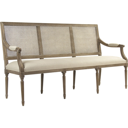 Louis Cane Back Bench by Zentique in natural linen and limed gray oak. Made from unique in a cottage & farmhouse style.