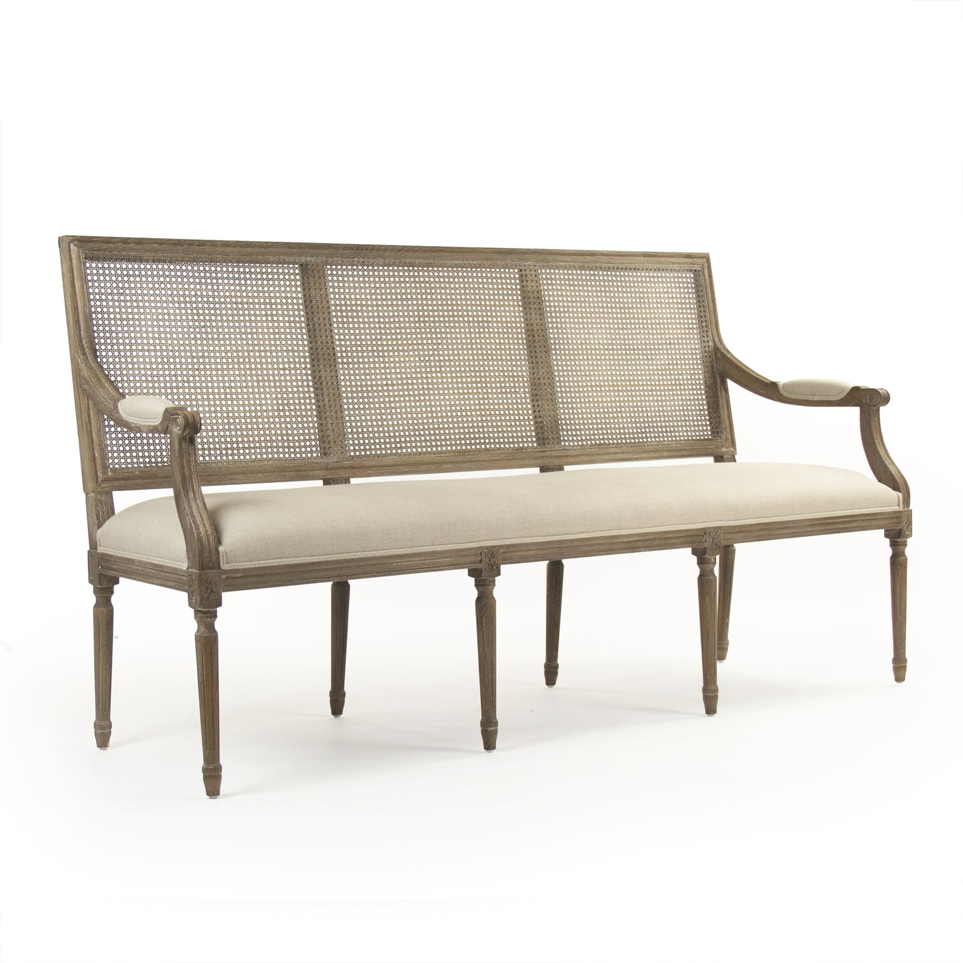 Louis Cane Back Bench by Zentique in natural linen and limed gray oak. Made from unique in a cottage & farmhouse style.