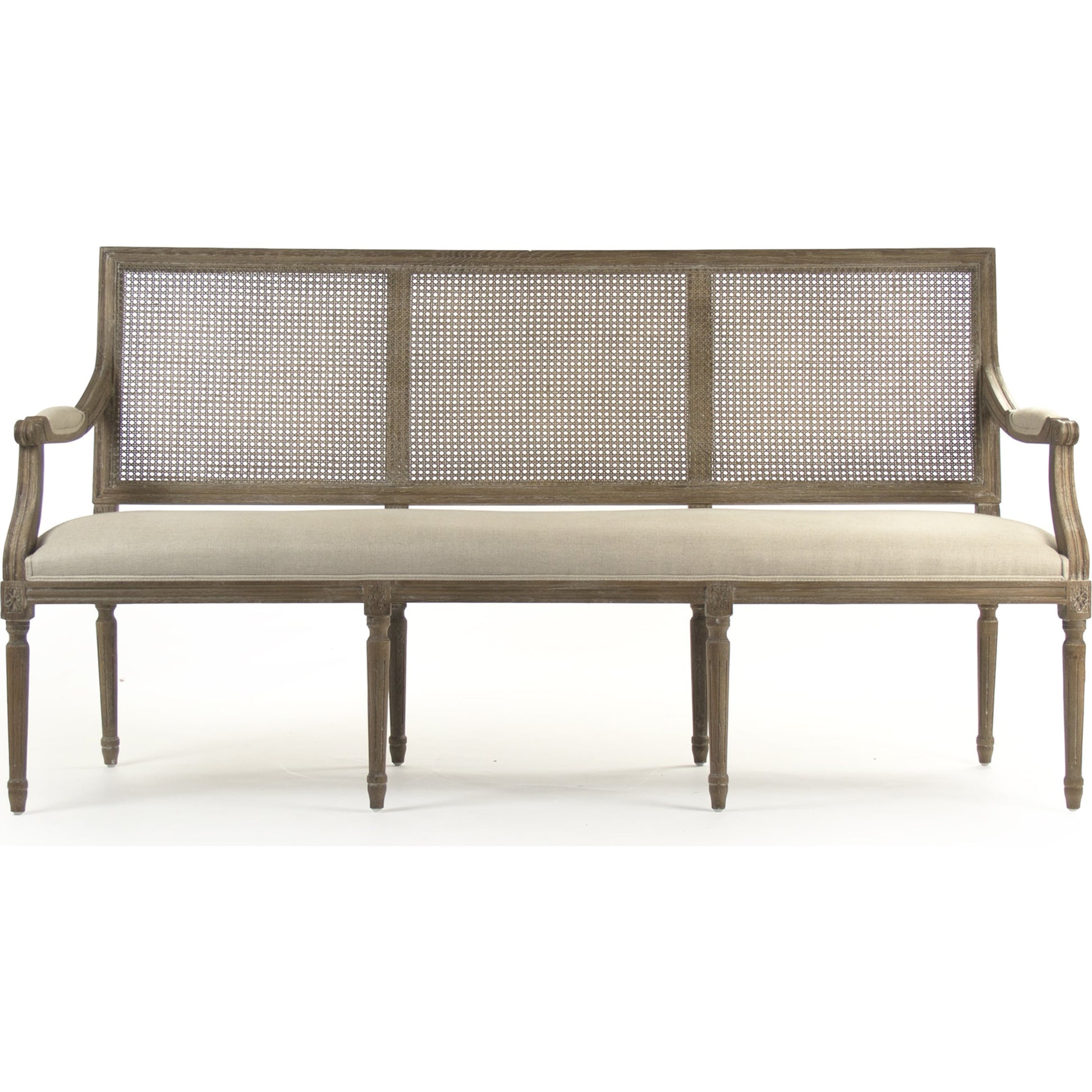 Louis Cane Back Bench by Zentique in natural linen and limed gray oak. Made from unique in a cottage & farmhouse style.