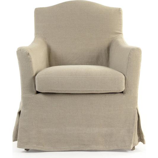 Fabre Chair by Zentique in tan linen and pine frame, oak legs. Made from unique in a transitional style.