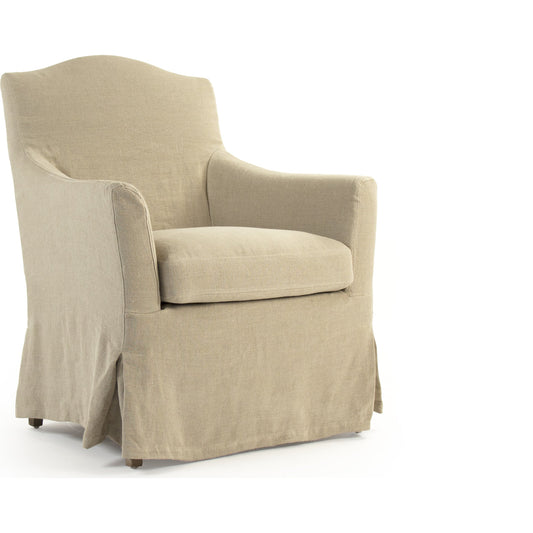 Fabre Chair by Zentique in tan linen and pine frame, oak legs. Made from unique in a transitional style.