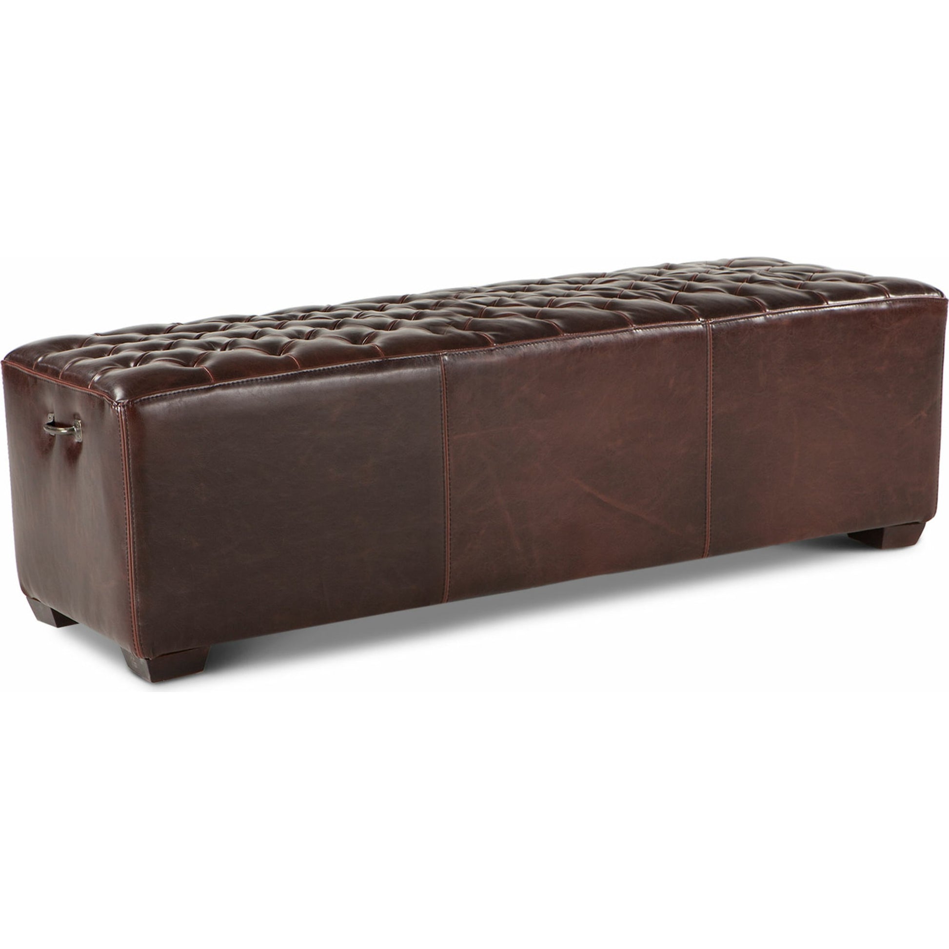 Arabella Leather Bench by World Interiors in brown and antique bronze. Made from birch wood, iron, bi-cast leather in a modern style.