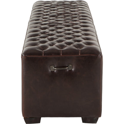 Arabella Leather Bench by World Interiors in brown and antique bronze. Made from birch wood, iron, bi-cast leather in a modern style.