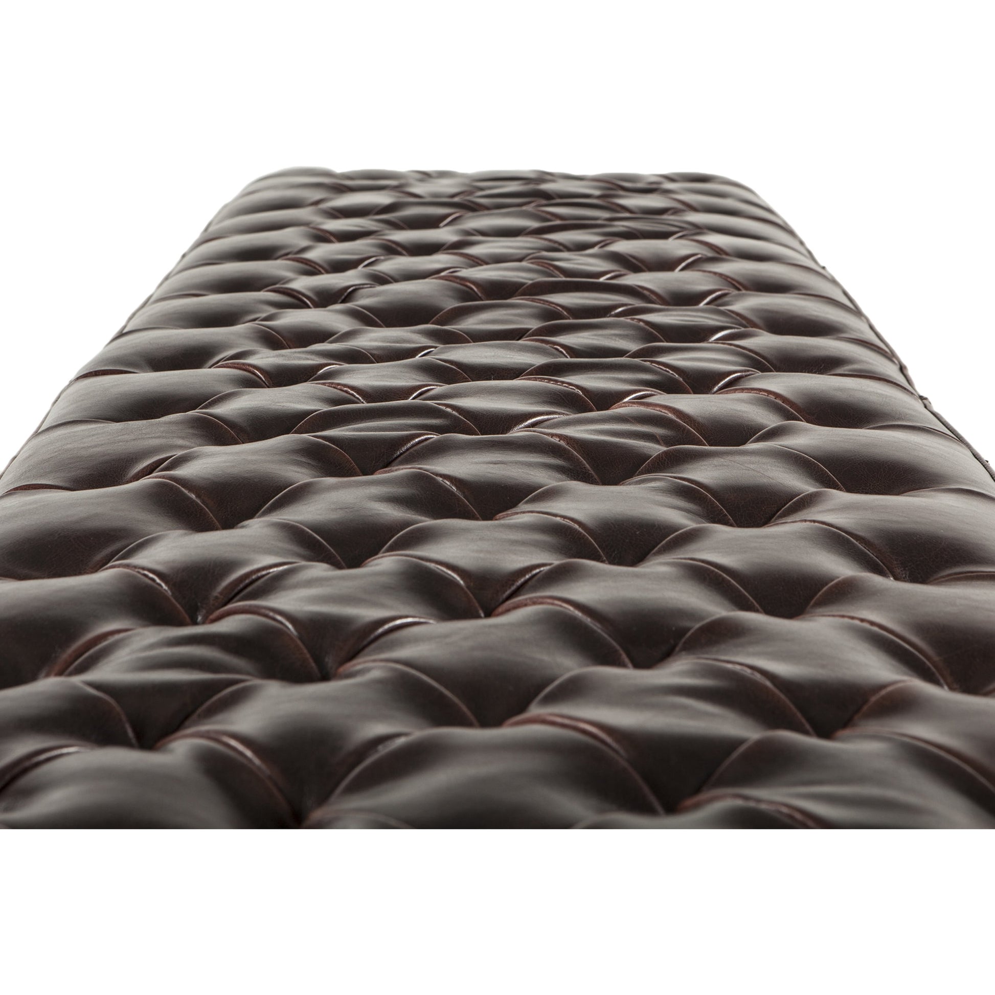 Arabella Leather Bench by World Interiors in brown and antique bronze. Made from birch wood, iron, bi-cast leather in a modern style.