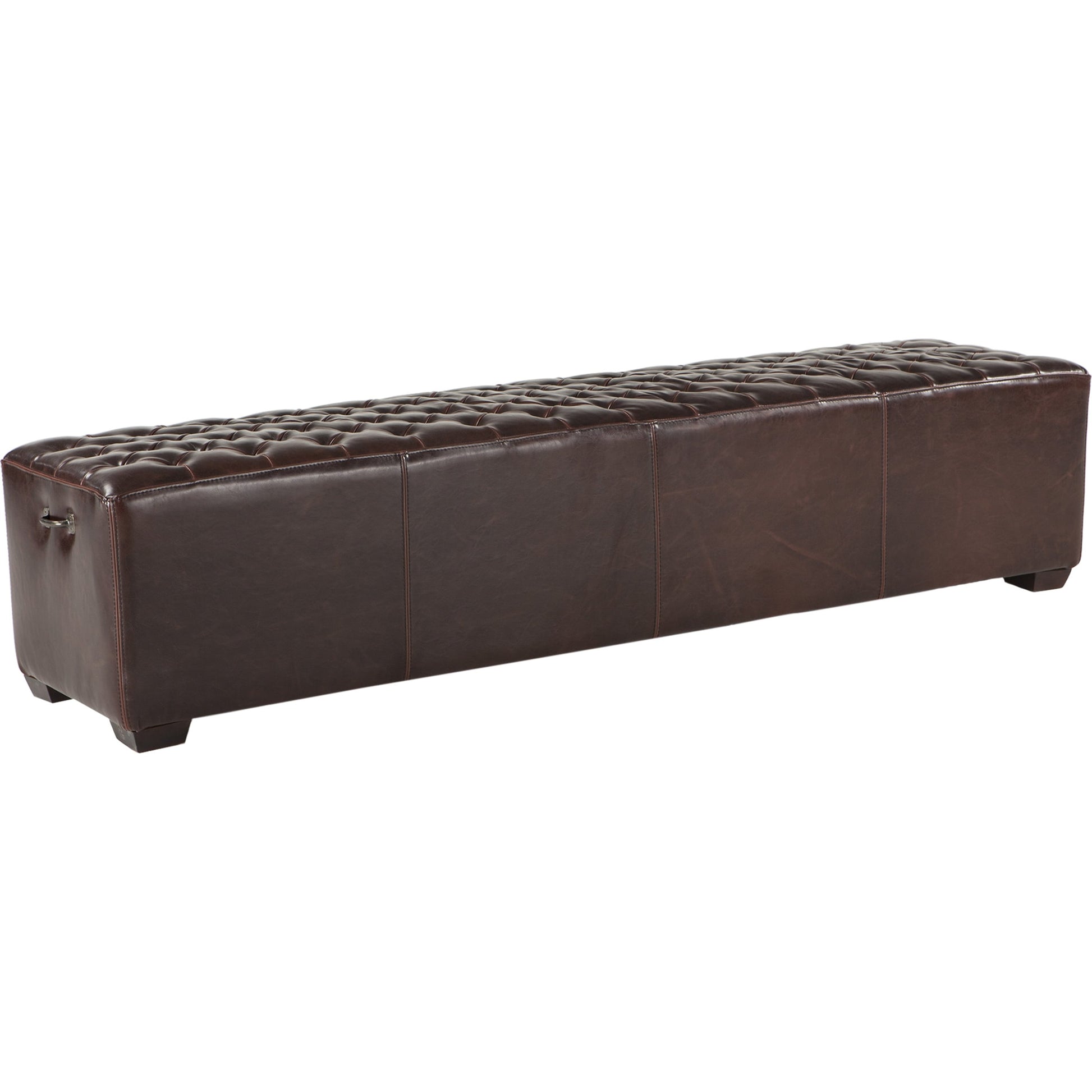 Arabella Leather Bench by World Interiors in brown and antique bronze. Made from birch wood, iron, bi-cast leather in a modern style.