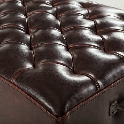 Arabella Leather Bench by World Interiors in brown and antique bronze. Made from birch wood, iron, bi-cast leather in a modern style.