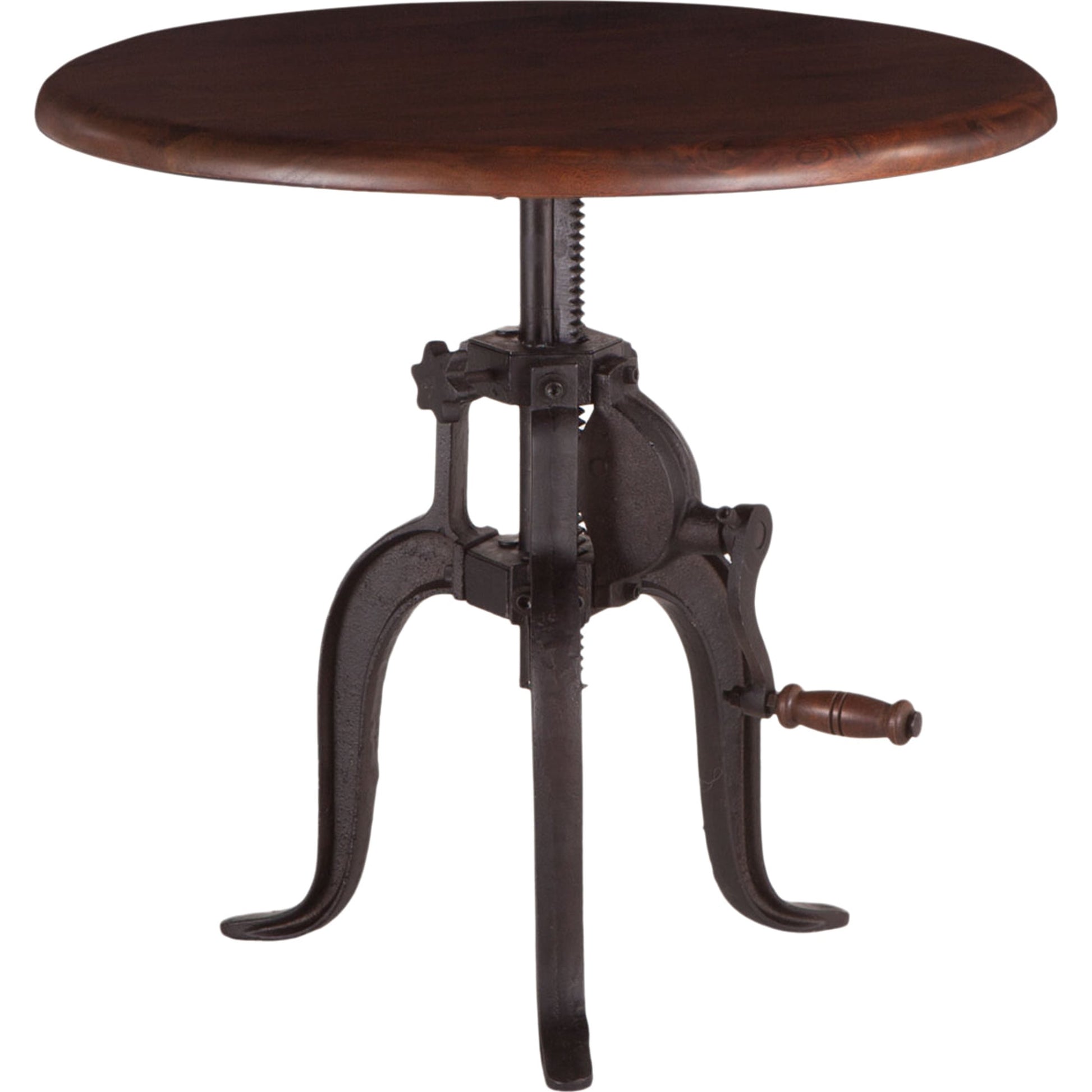 Artezia Acacia Wood Adjustable Side Table by World Interiors in brown and walnut, antique zinc. Made from acacia wood, iron in a rustic style.