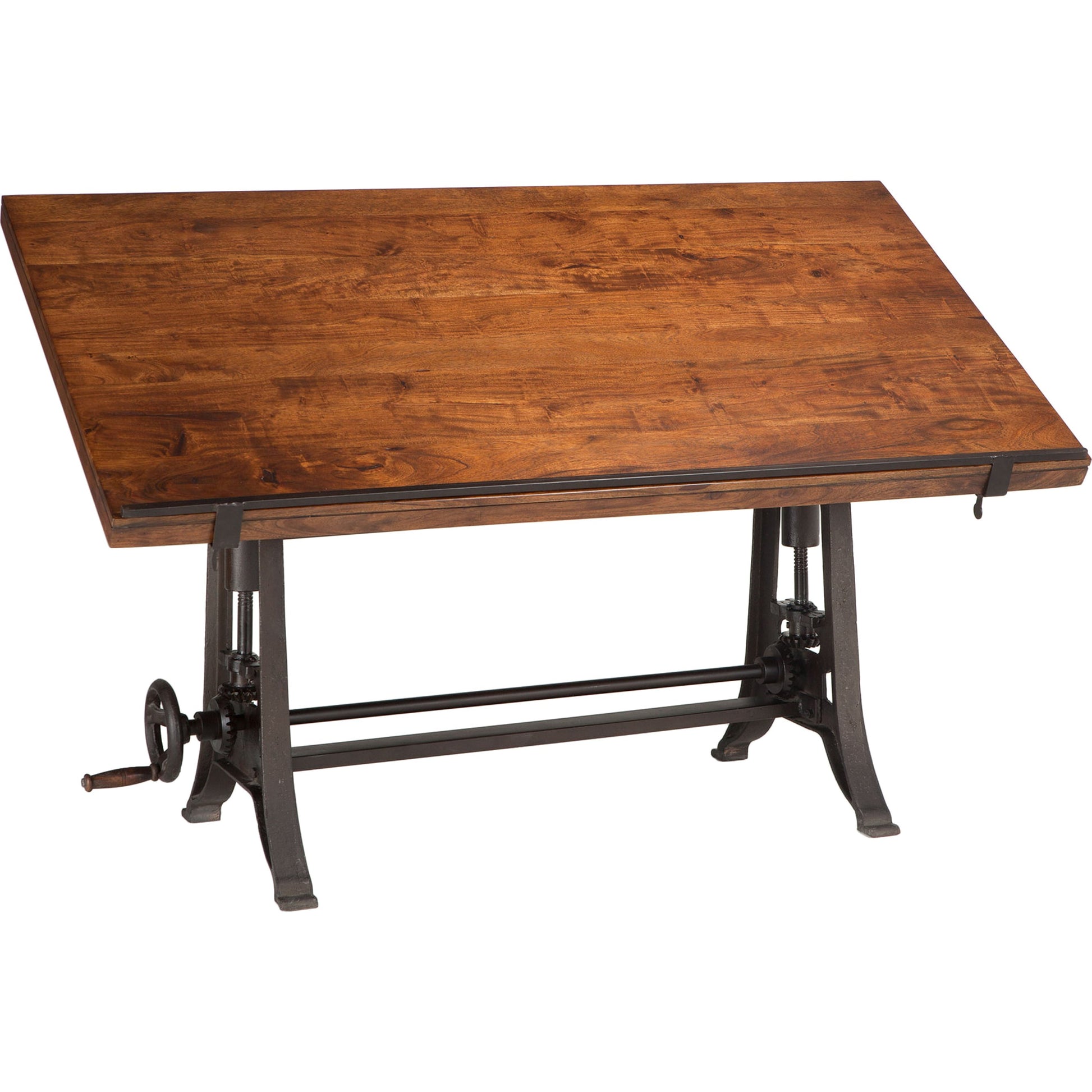 Artezia Adjustable Drafting Desk by World Interiors in brown and walnut, antique zinc. Made from acacia wood, iron in a modern style.