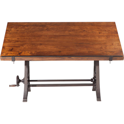 Artezia Adjustable Drafting Desk by World Interiors in brown and walnut, antique zinc. Made from acacia wood, iron in a modern style.