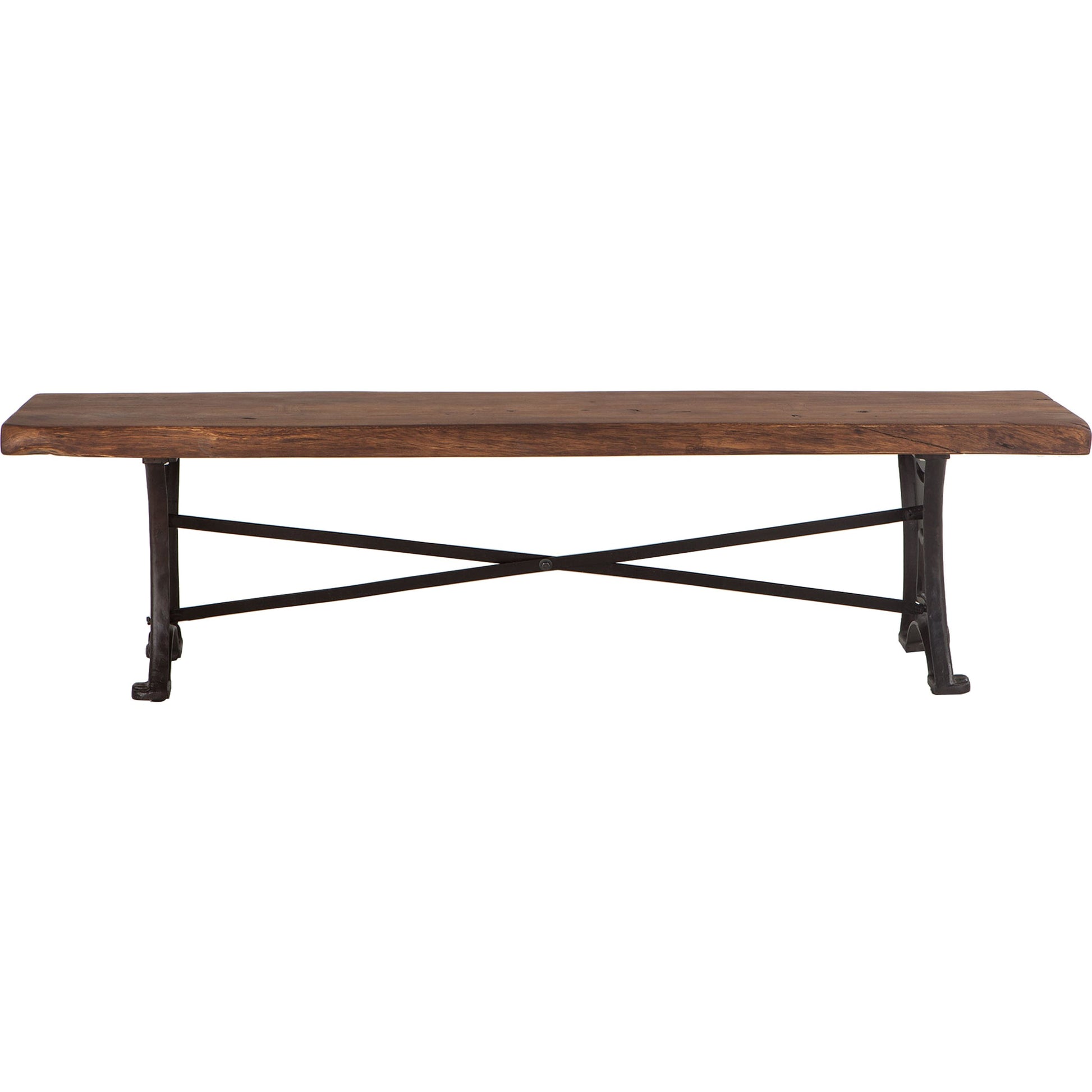 Blayne Dining Bench by World Interiors in brown and natural walnut, antique zinc. Made from acacia wood, cast iron in a modern style.