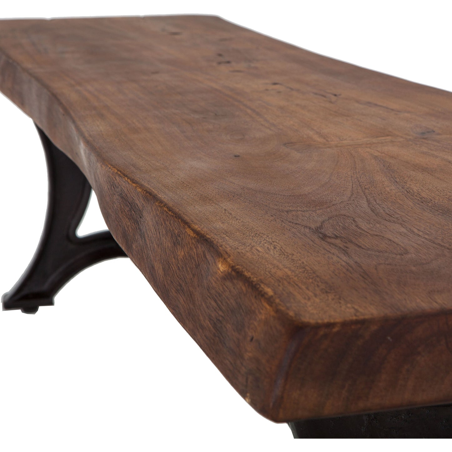 004 SR-876892 | Closeup | Blayne Dining Bench by World Interiors in brown and natural walnut, antique zinc. Made from acacia wood, cast iron in a modern style.