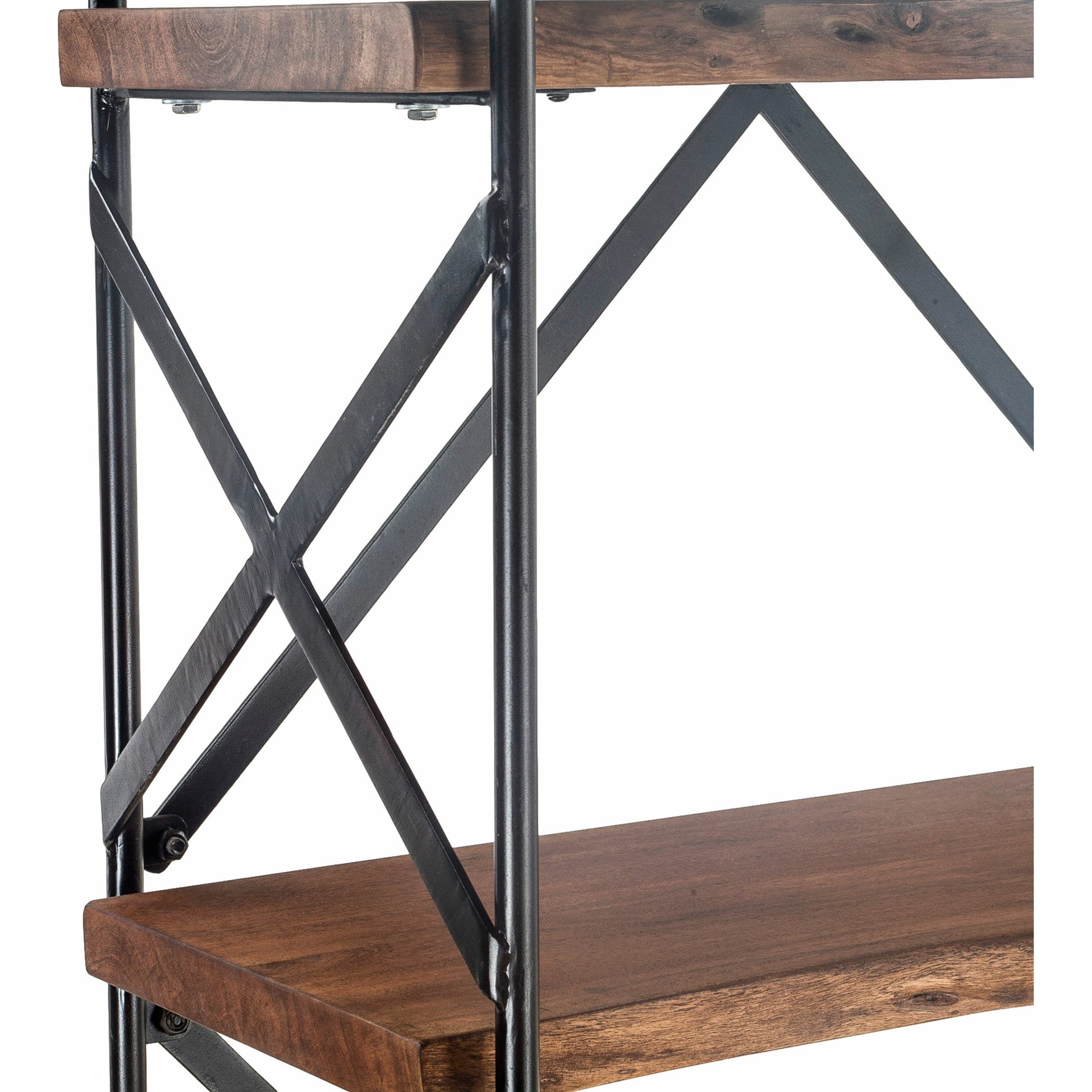 Blayne 78-Inch Live Edge Bookshelf by World Interiors in brown and raw walnut, antique zinc. Made from acacia wood, iron in a modern style.