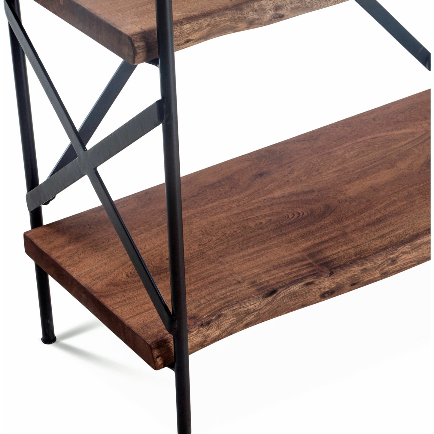 006 SR-876898 | Closeup | Blayne 78-Inch Live Edge Bookshelf by World Interiors in brown and raw walnut, antique zinc. Made from acacia wood, iron in a modern style.