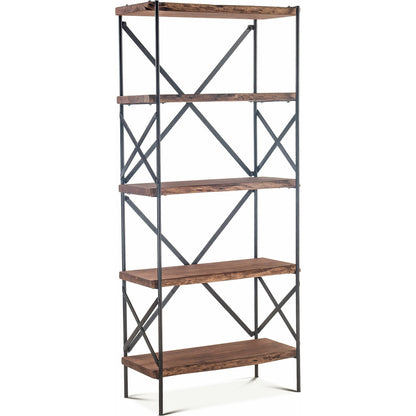 Blayne 78-Inch Live Edge Bookshelf by World Interiors in brown and raw walnut, antique zinc. Made from acacia wood, iron in a modern style.