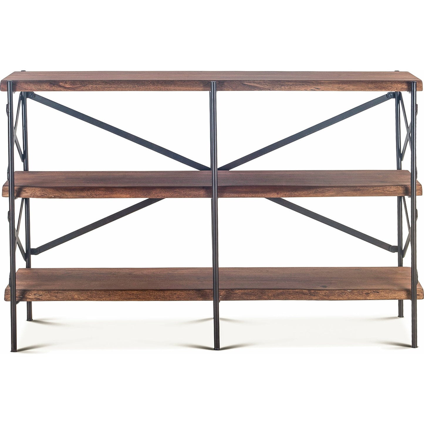 002 SR-876890 | Additional Silo | Blayne 56-Inch Live-Edge Bookshelf by World Interiors in brown and raw walnut, antique zinc. Made from acacia wood, iron in a modern style.