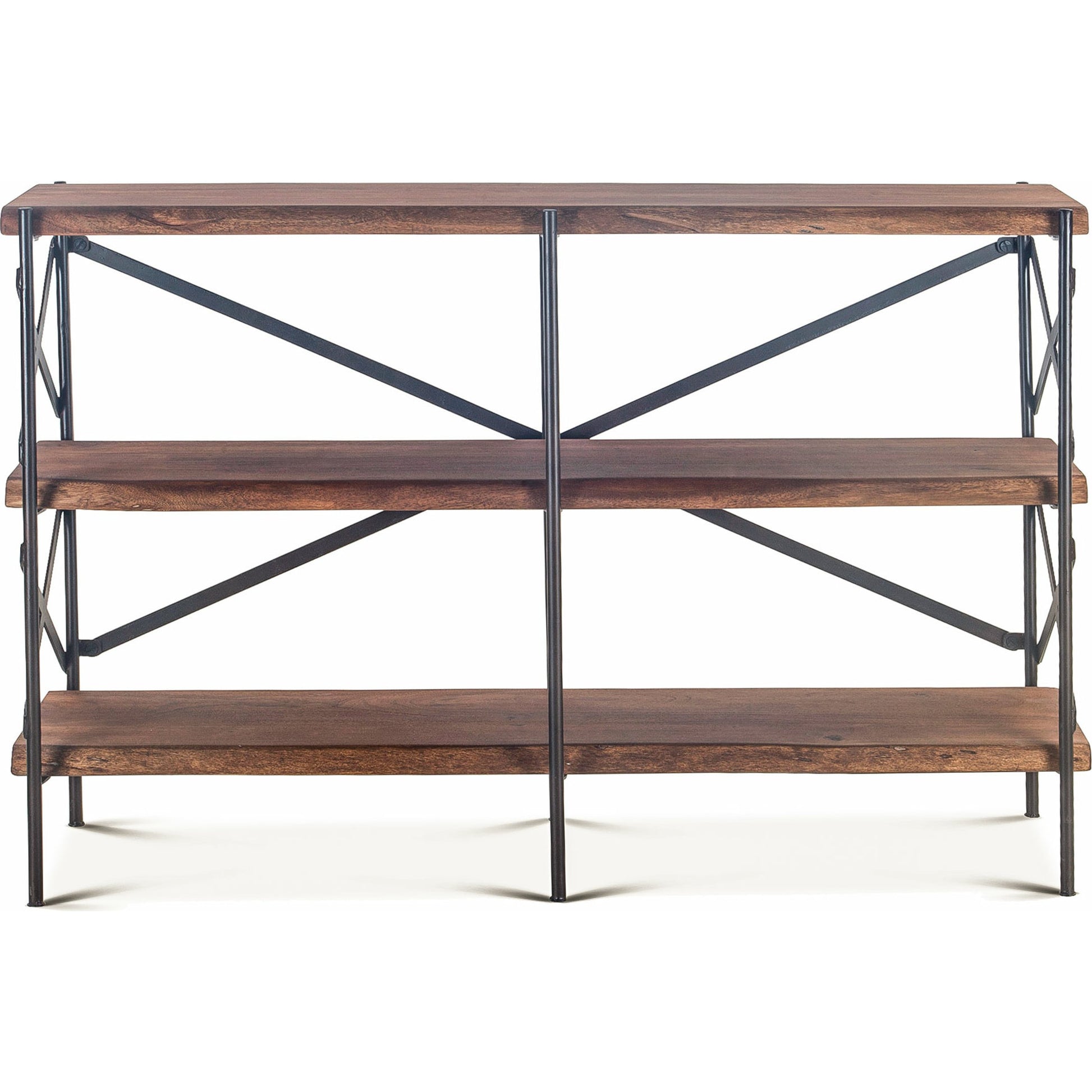 Blayne 56-Inch Live-Edge Bookshelf by World Interiors in brown and raw walnut, antique zinc. Made from acacia wood, iron in a modern style.