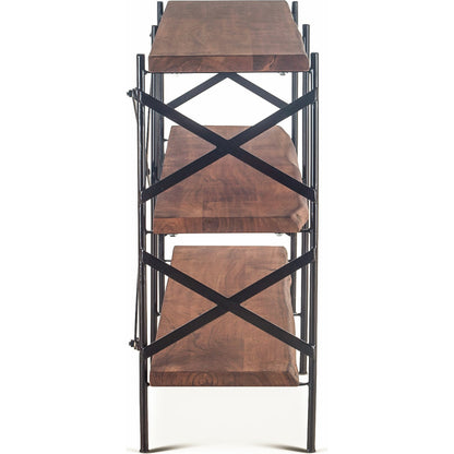 Blayne 56-Inch Live-Edge Bookshelf by World Interiors in brown and raw walnut, antique zinc. Made from acacia wood, iron in a modern style.