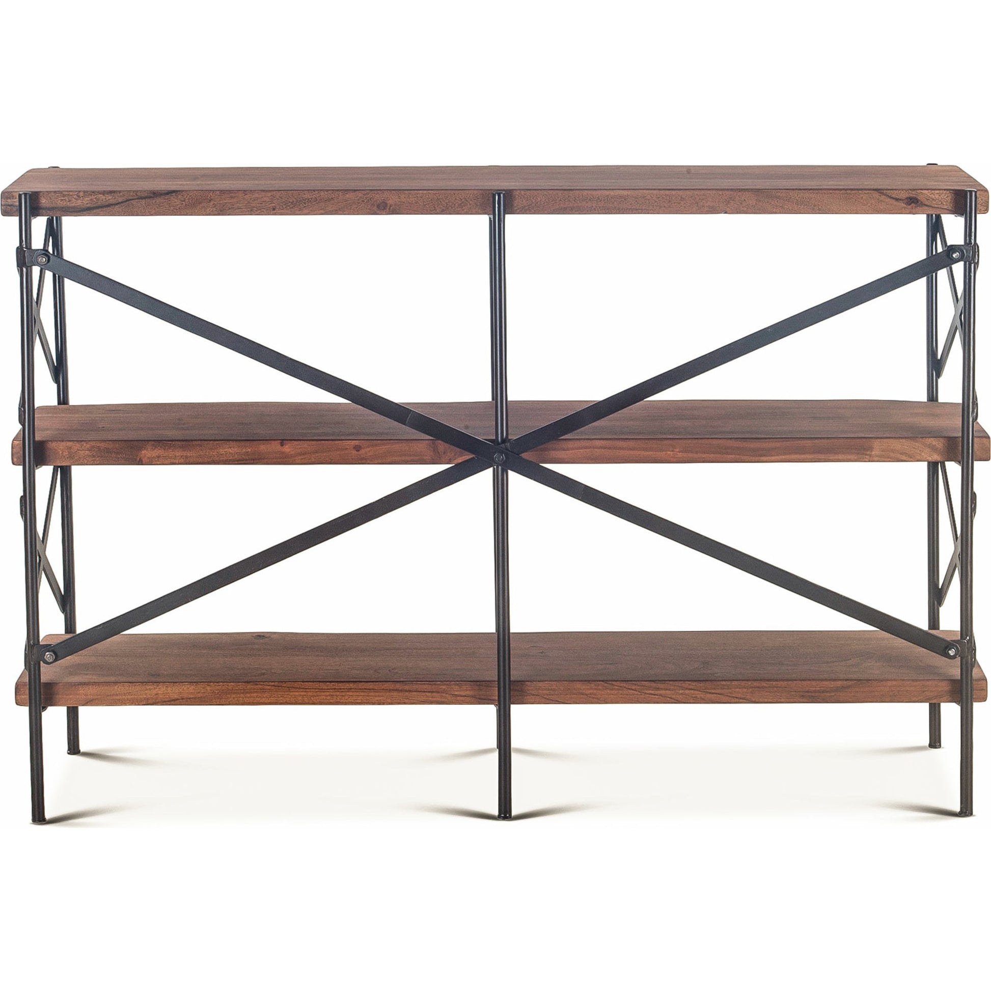 Blayne 56-Inch Live-Edge Bookshelf by World Interiors in brown and raw walnut, antique zinc. Made from acacia wood, iron in a modern style.