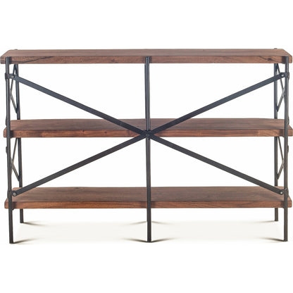 Blayne 56-Inch Live-Edge Bookshelf by World Interiors in brown and raw walnut, antique zinc. Made from acacia wood, iron in a modern style.
