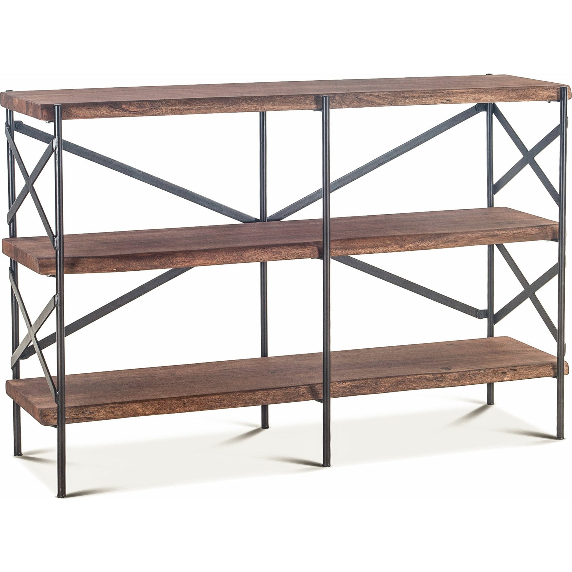 Blayne 56-Inch Live-Edge Bookshelf by World Interiors in brown and raw walnut, antique zinc. Made from acacia wood, iron in a modern style.