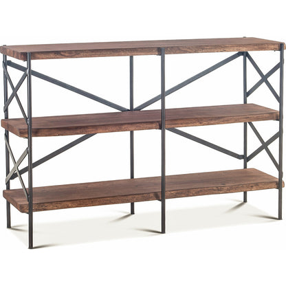 Blayne 56-Inch Live-Edge Bookshelf by World Interiors in brown and raw walnut, antique zinc. Made from acacia wood, iron in a modern style.