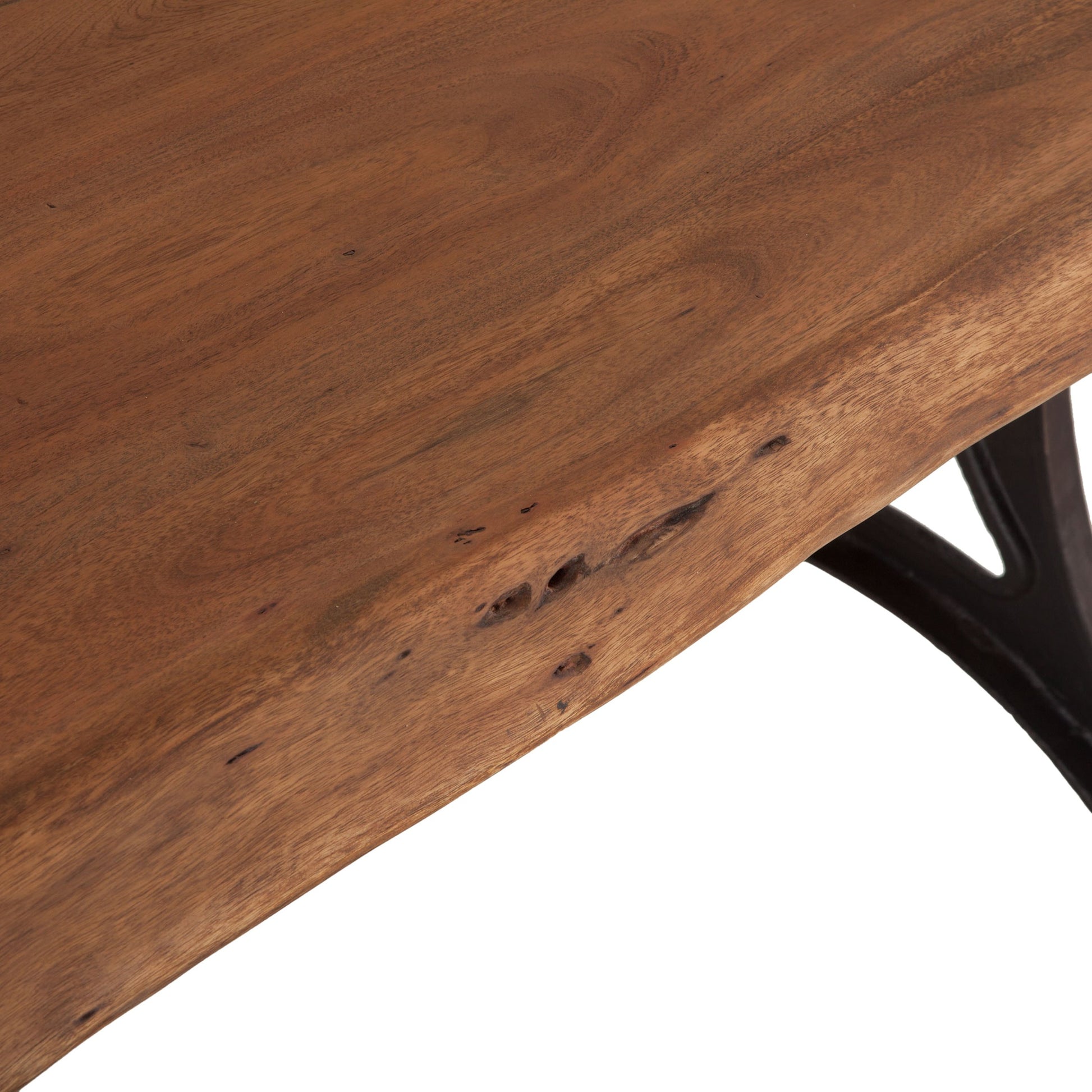 Blayne 80" Live-Edge Dining Table by World Interiors in brown and natural walnut, antique zinc. Made from acacia wood, cast iron in a modern style.