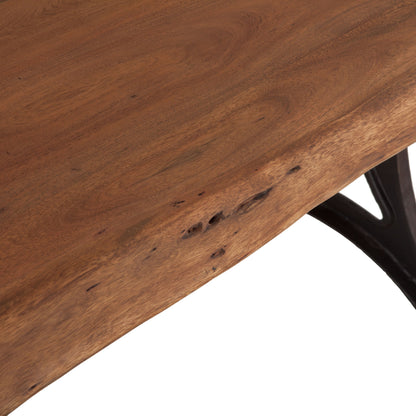 Blayne 106" Live-Edge Dining Table by World Interiors in brown and raw walnut, antique zinc. Made from acacia wood, cast iron in a modern style.