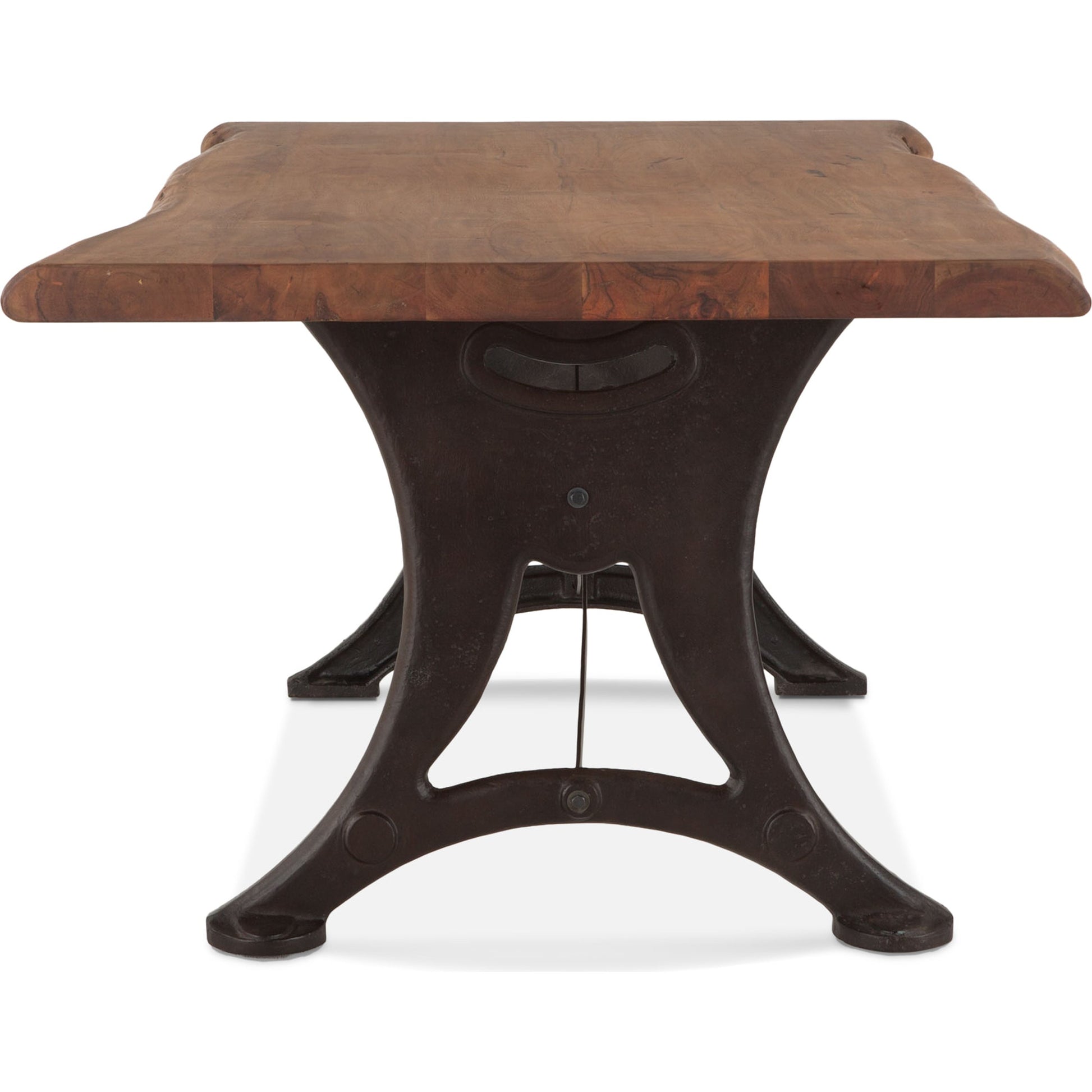 Blayne 94" Live-Edge Dining Table by World Interiors in brown and raw walnut, antique zinc. Made from acacia wood, cast iron in a modern style.