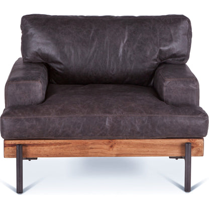 Chiavari Armchair by World Interiors in brown and distressed, antique zinc. Made from leather, iron, oak in a rustic style.