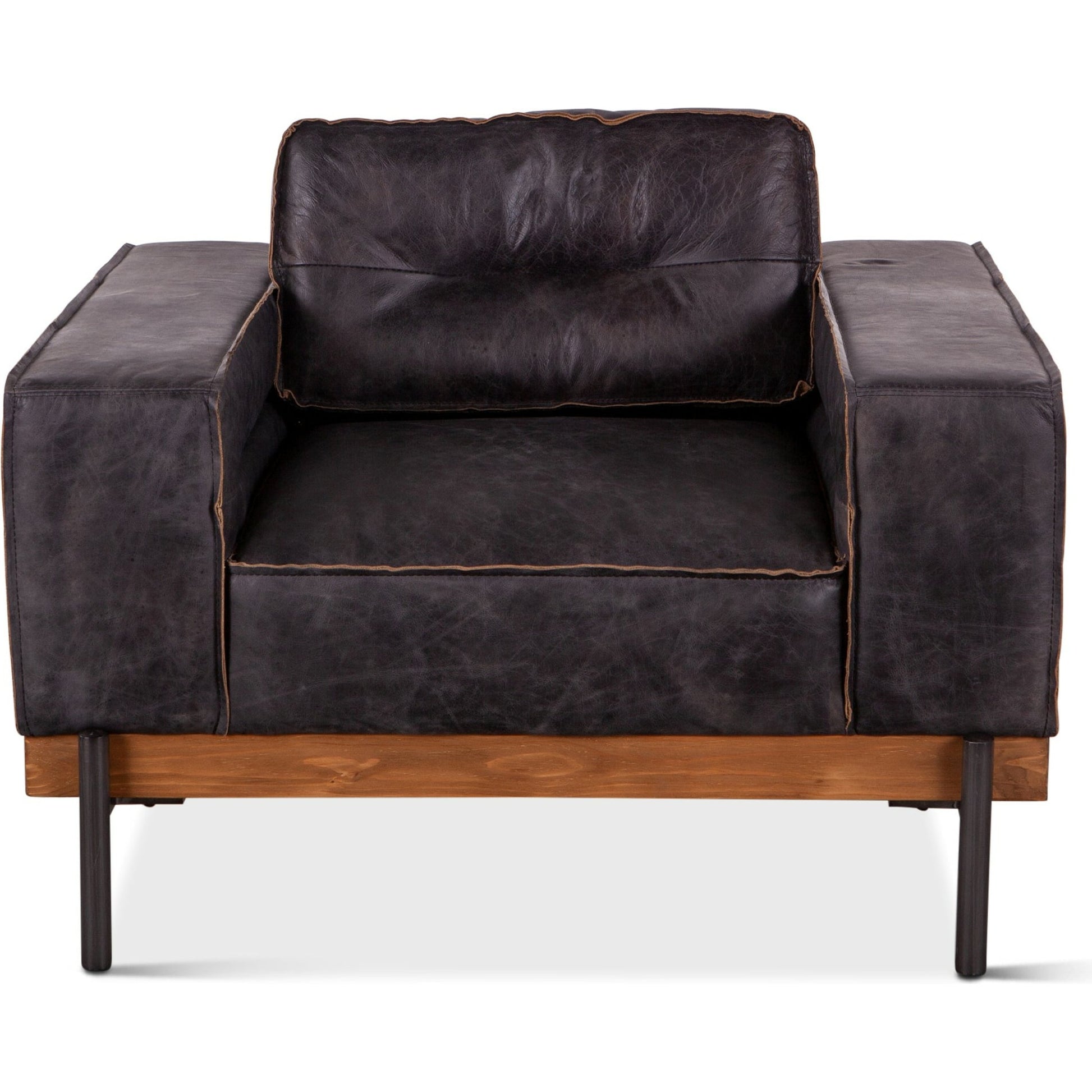 Chiavari Distressed Antique Leather Armchair by World Interiors in black and matte. Made from leather, foam, oak wood, iron in a modern style.