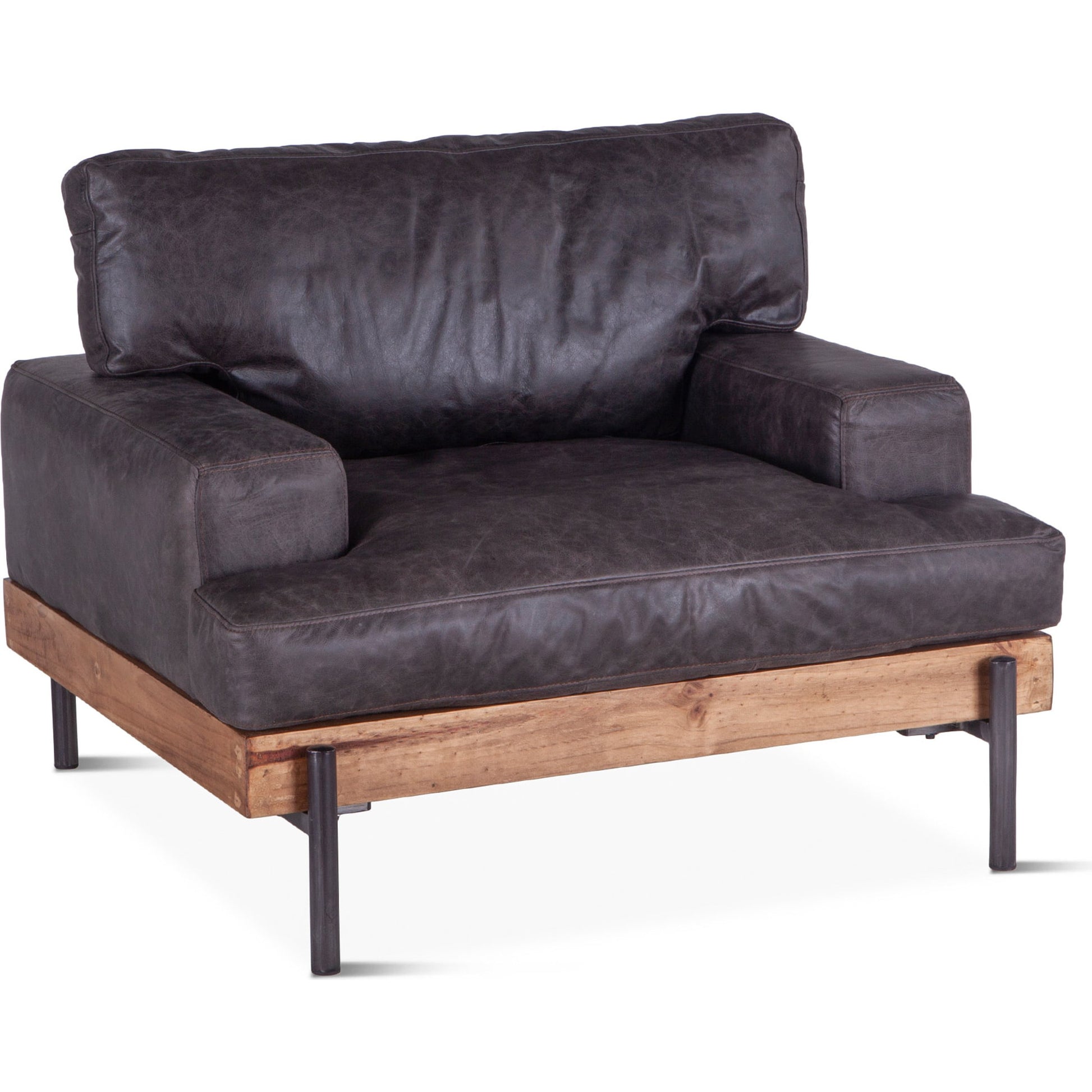 Chiavari Armchair by World Interiors in brown and distressed, antique zinc. Made from leather, iron, oak in a rustic style.