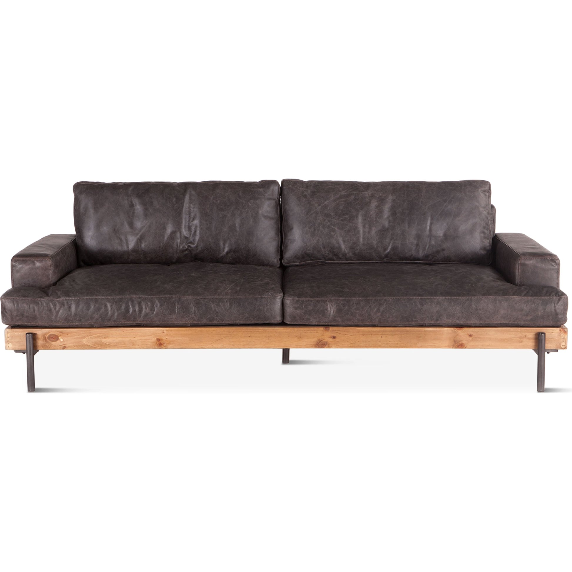 Chiavari Sofa by World Interiors in brown and distressed, antique zinc. Made from leather, iron, oak wood in a modern style.