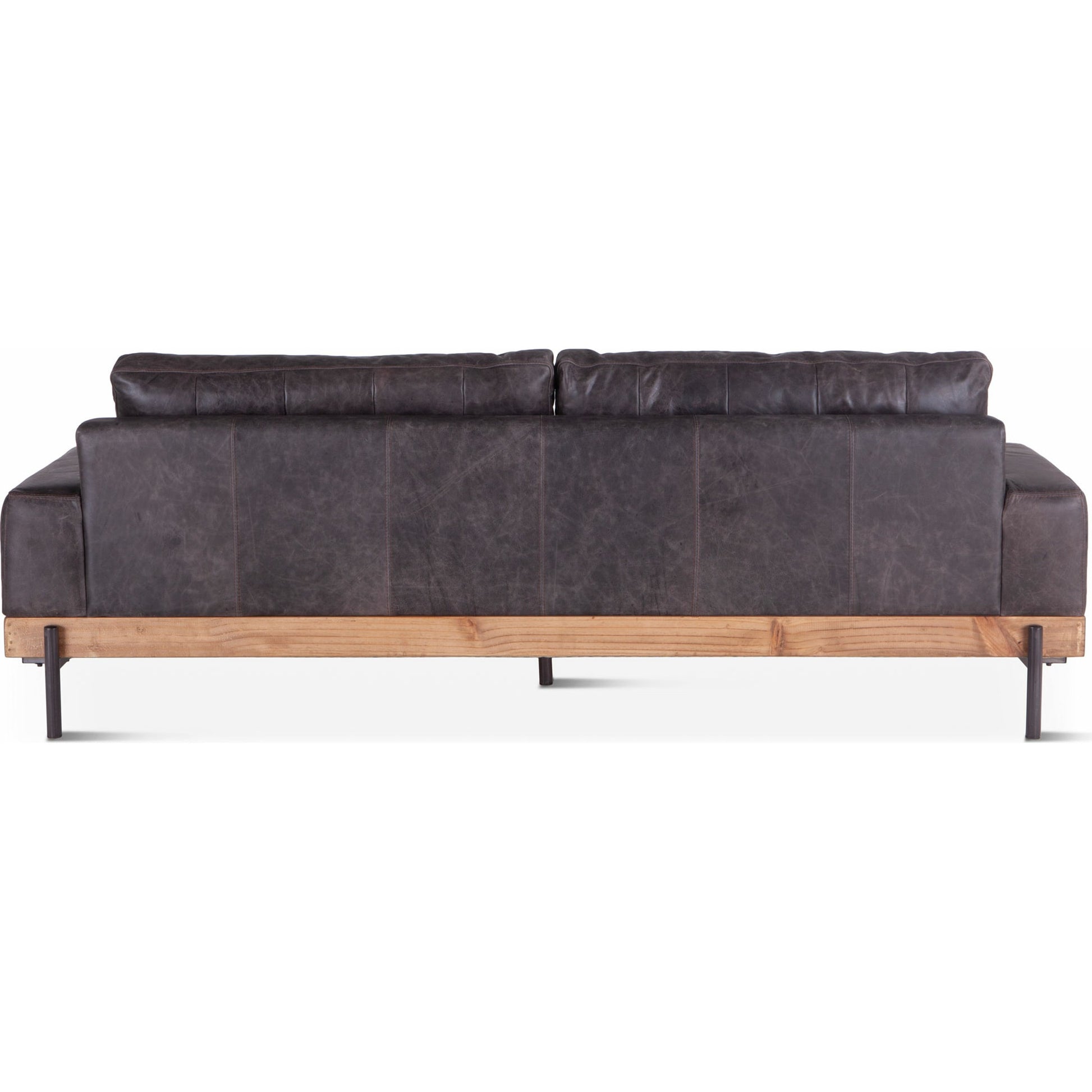 Chiavari Sofa by World Interiors in brown and distressed, antique zinc. Made from leather, iron, oak wood in a modern style.