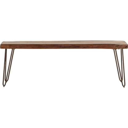 Grandby Dining Bench by World Interiors in brown and walnut, antique zinc. Made from acacia wood, steel in a modern style.