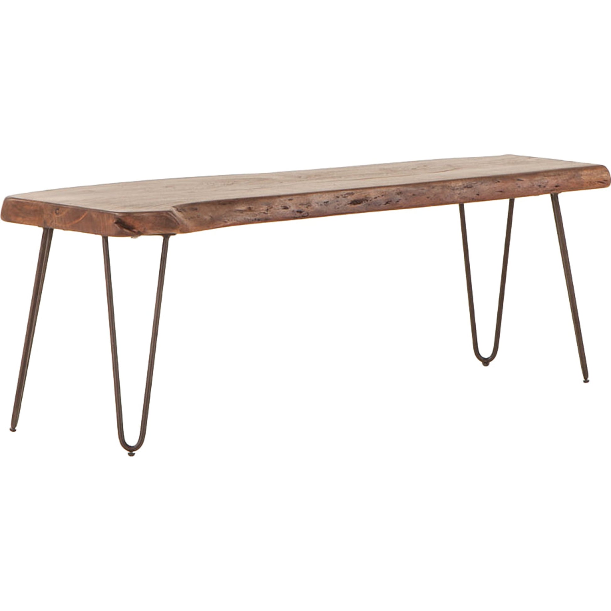 Grandby Dining Bench by World Interiors in brown and walnut, antique zinc. Made from acacia wood, steel in a modern style.