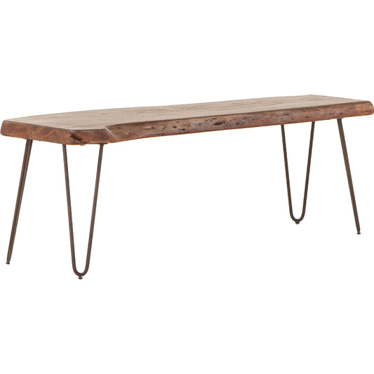 Grandby Dining Bench by World Interiors in brown and walnut, antique zinc. Made from acacia wood, steel in a modern style.