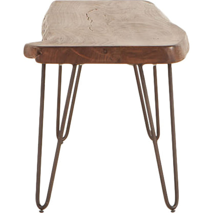 Grandby Dining Bench by World Interiors in brown and walnut, antique zinc. Made from acacia wood, steel in a modern style.