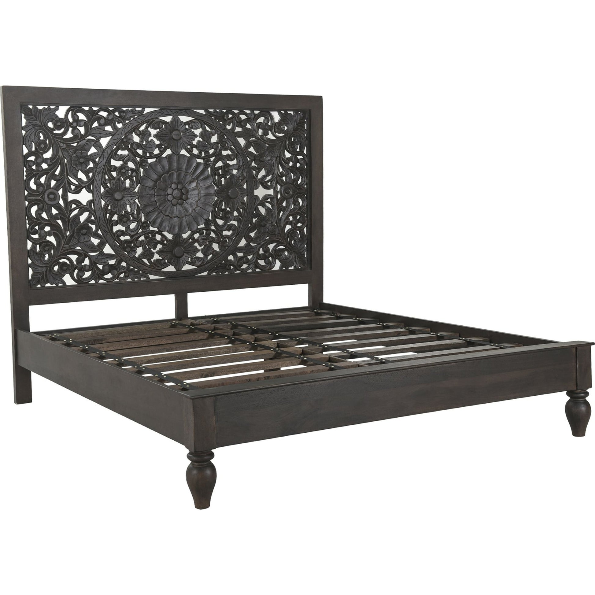 Haveli Carved Bed by World Interiors in brown and vintage brown. Made from mango wood in a eclectic & global style.