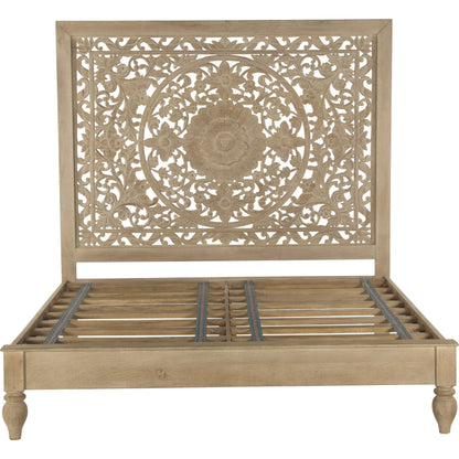 Haveli Handcarved Bed by World Interiors in brown and weathered whitewash. Made from mango wood in a cottage & farmhouse style.