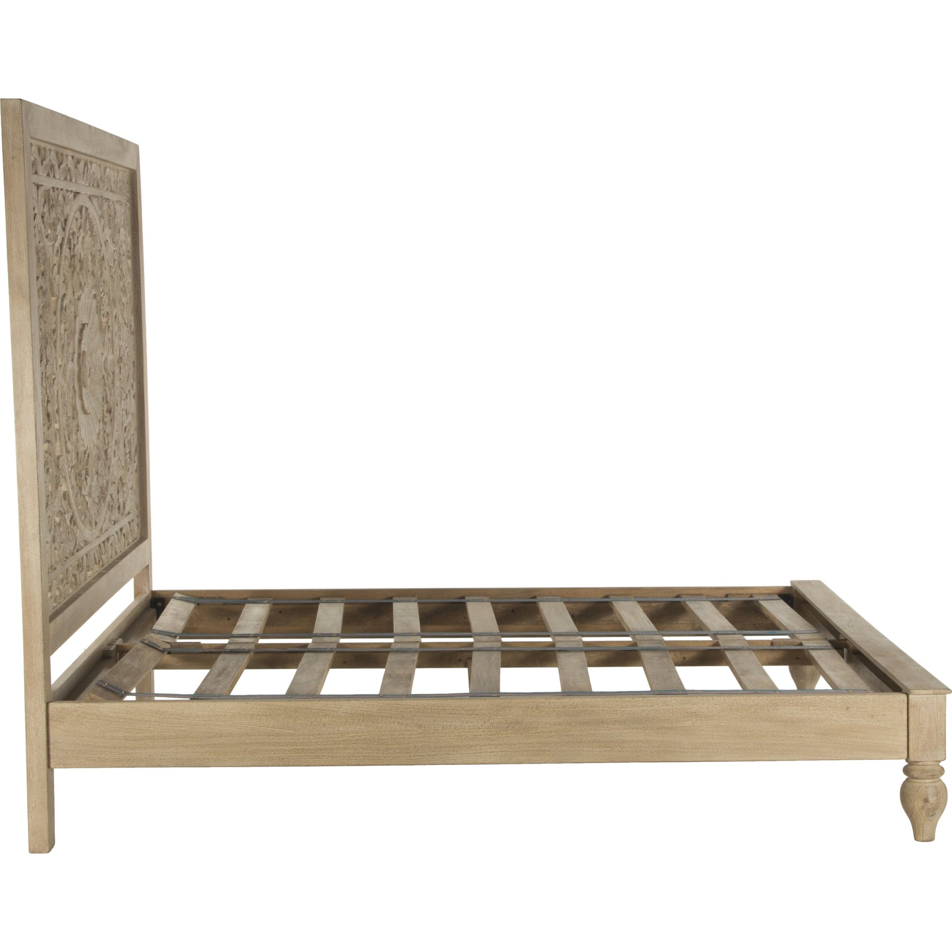 Haveli Handcarved Bed by World Interiors in brown and weathered whitewash. Made from mango wood in a cottage & farmhouse style.